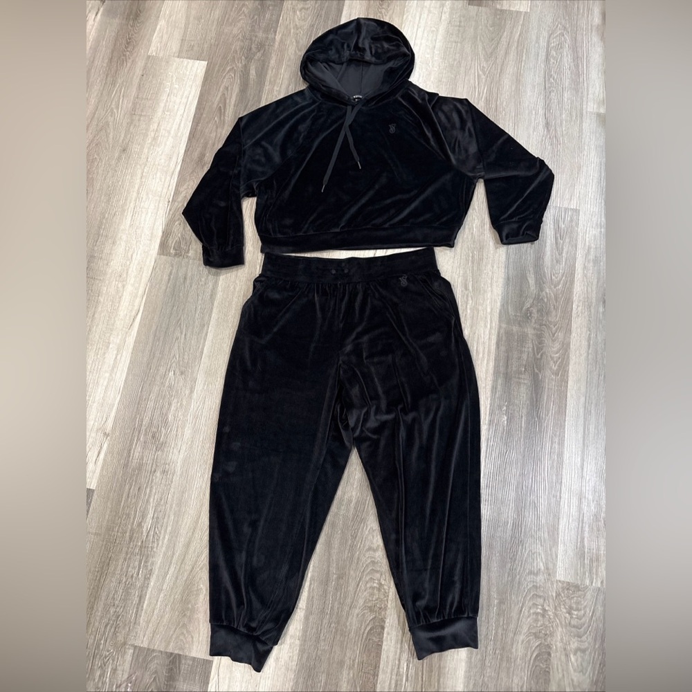 Victoria’s Secret On Point Women Black Ribbed Velour Jogger Track Set Hoodie XL